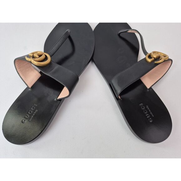 Gucci Women's Black Marmont Leather Thong Sandals Flip Flops Double GG Size 40 - Picture 3 of 6
